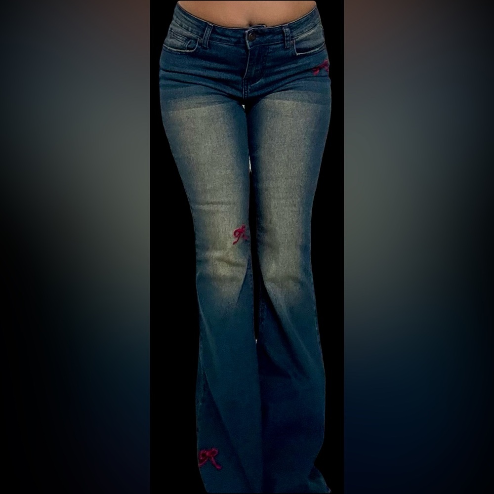 Women’s Blue Flared Jeans with Subtle Red Bow Embroidery